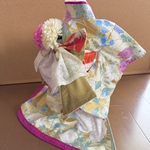 わんちゃん女の子　引き摺り大振袖　　菊ゴールド×クリーム