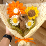 【専用】犬とひまわりの毛糸の花束 枯れない編み物ブーケ｜誕生日・出産祝い・結婚祝いなどのギフトに　ニューボーンフォト　ハンドメイド かぎ編み　敬老の日　母の日　夏ギフト
