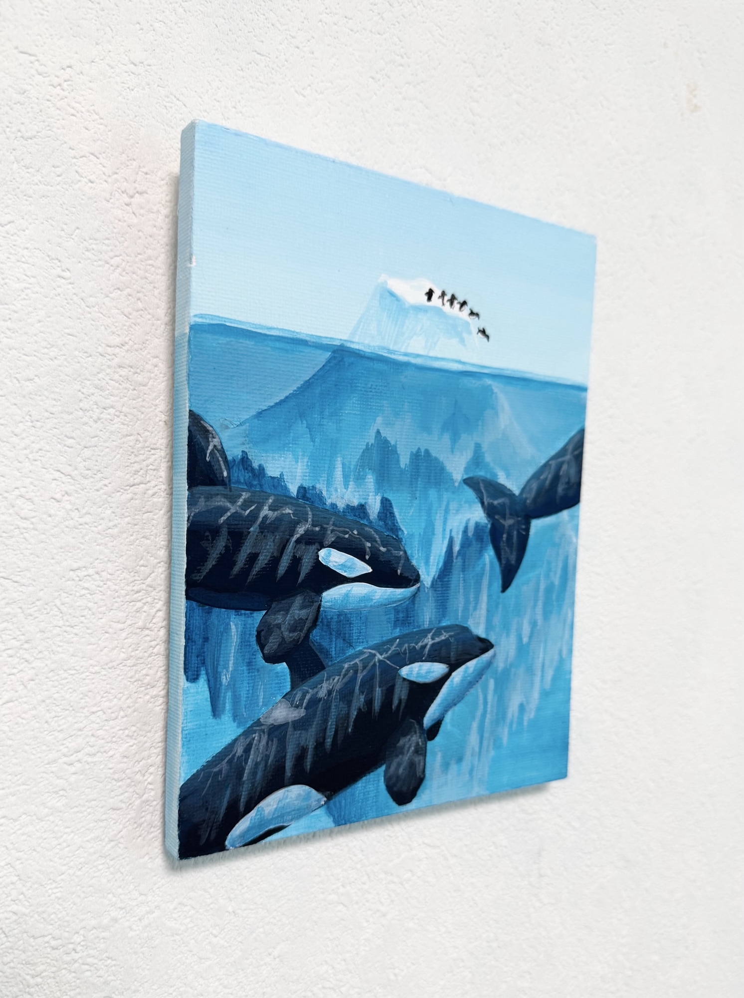 原画 アクリル画「氷山とシャチ」海の絵 インテリア ハンドメイド F0