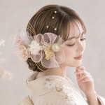 ふんわりリボンのピンク×ゴールド髪飾り 成人式  結婚式 卒業式 編みおろし 水引き ドライフラワー前撮り 袴 七五三 アーティフィシャルフラワー かすみ草 ゴールド 金箔
