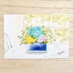 🌼透明水彩画「ブルーのフラワーアレンジメント」イラストポストカード 2枚セット ガーベラ　バラ　夏　暑中見舞い　残暑見舞い 花　フラワー　お礼状　バースデーカード　お中元