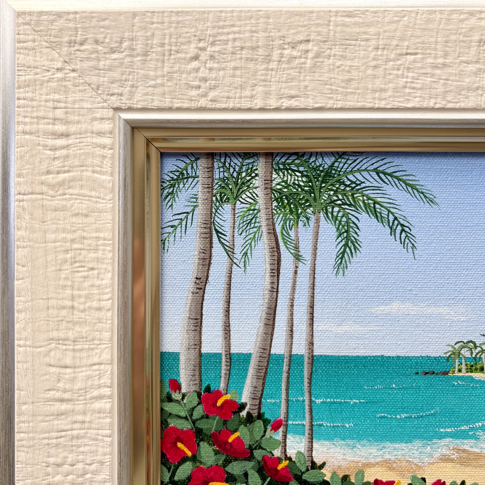 アクリル画 水彩画 原画 「花の咲くビーチ04」 額縁付き SMサイズ 風景