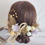 ヘッドドレス＊和玉 ボール~水引 金箔 ロープ リーフ~パープルホワイト 紫 ゴールド アイボリー 18本