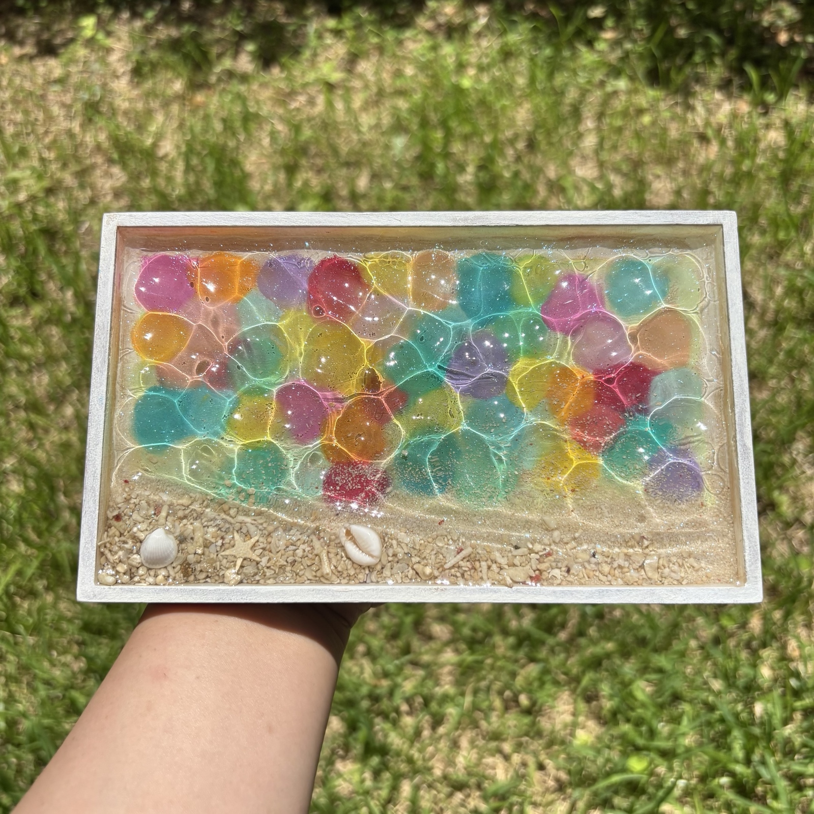 レジン 海アート 波紋 カラフルドット木製トレー 中サイズ プレゼント