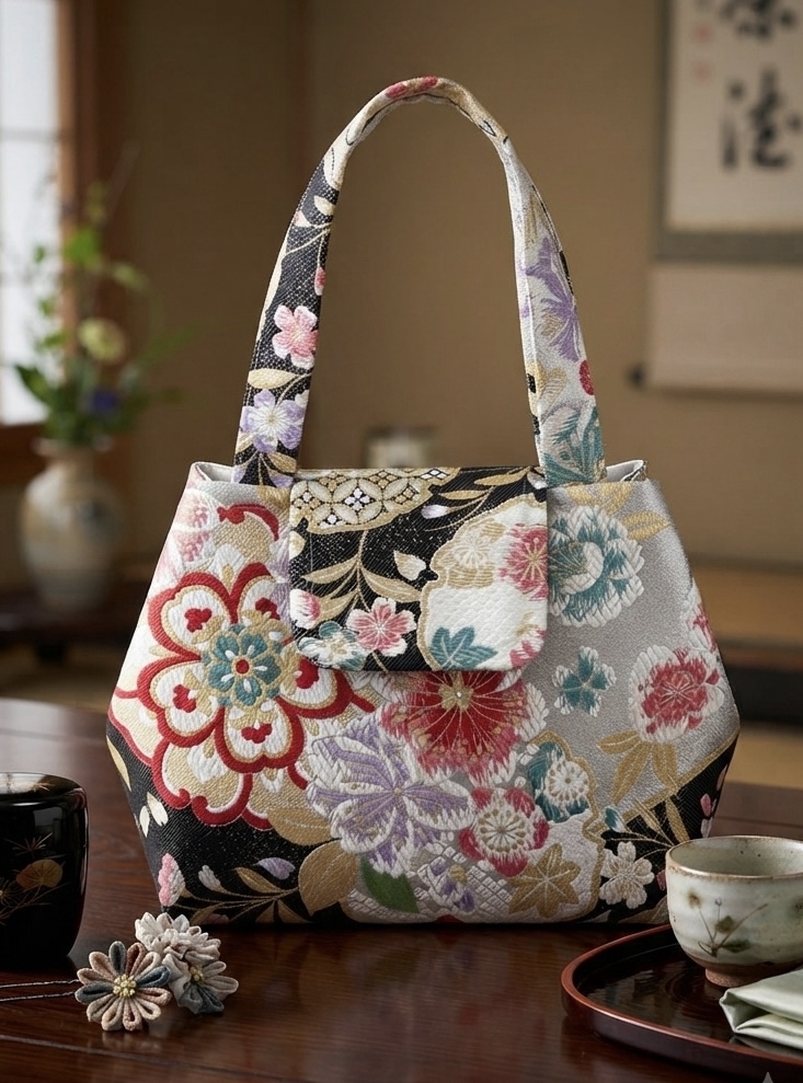 帯リメイク トートバッグ 桜と蝶文様 黒地 金彩 - COCO105'S GALLERY