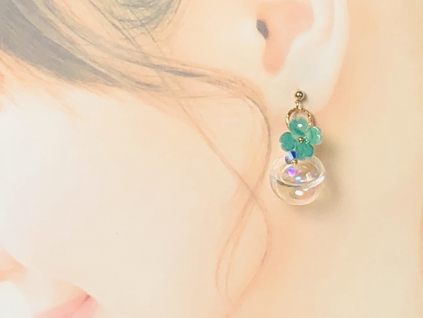 【275】ガラスドームのイヤリング／ピアス／クローバー No.983】夏 水入りガラスドーム シャボン玉 クローバー ピアス