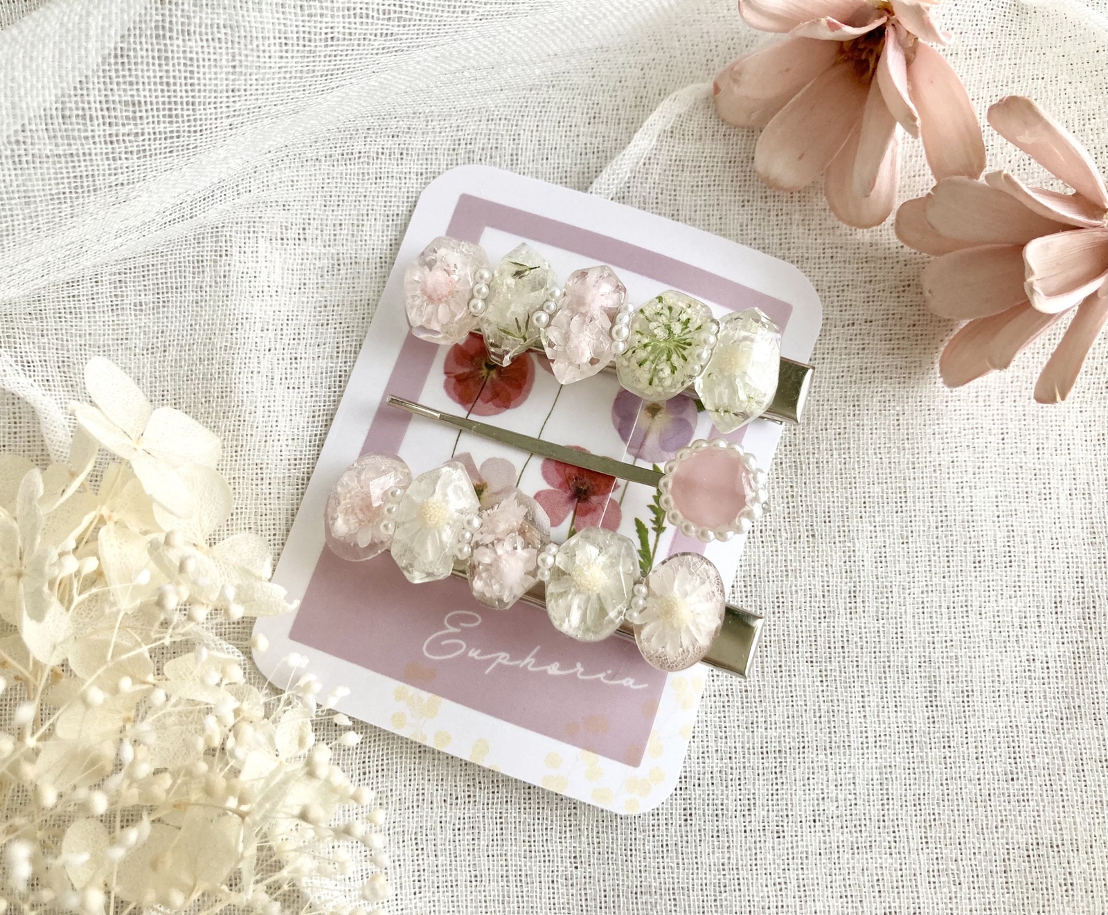 鉱石風レジンとミルキーピンクのお花ヘアクリップ&ヘアピンセット