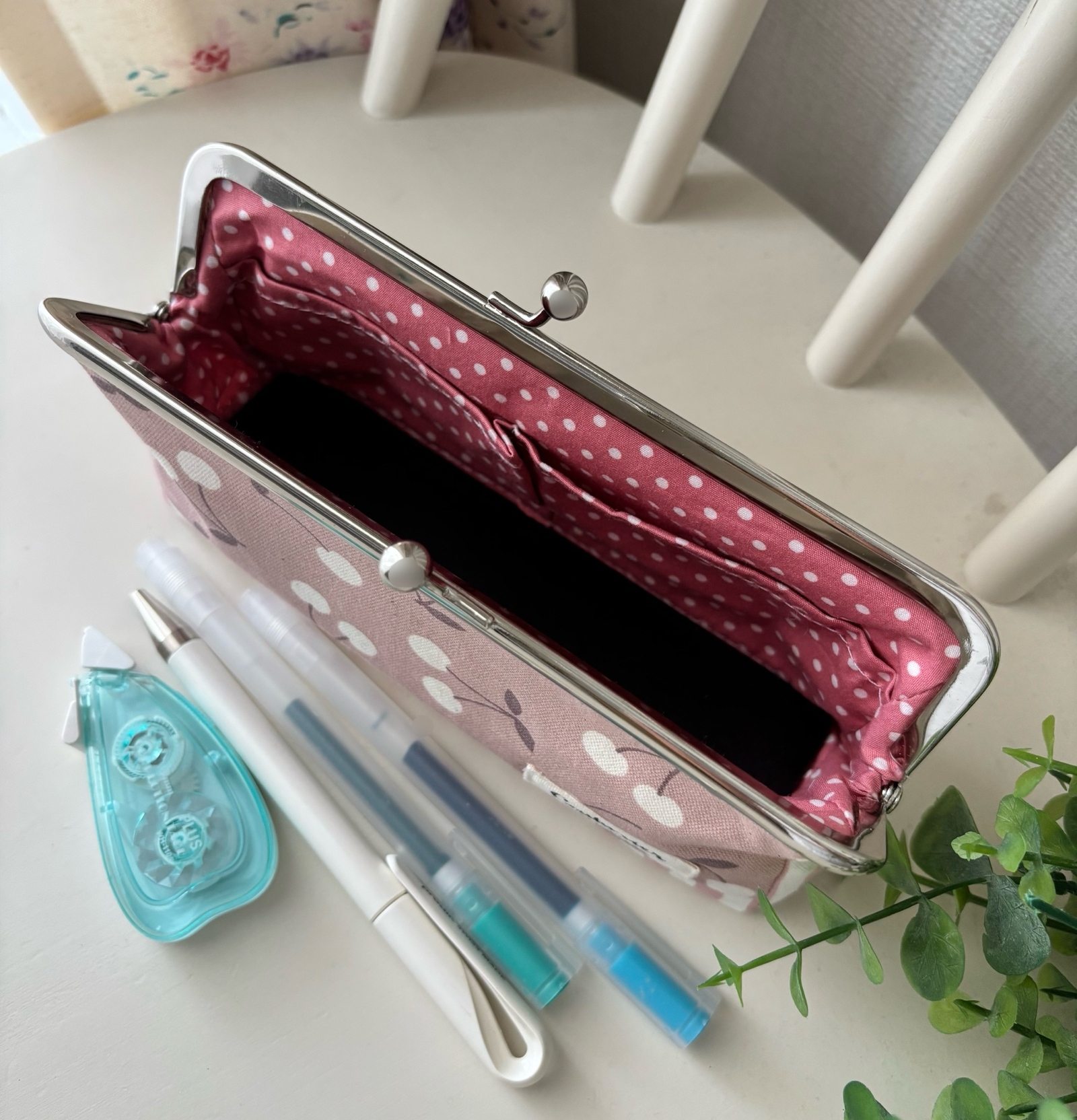 ガマ口ペンケース マチ5cm 内外ポケット付 Cherry くすみピンク