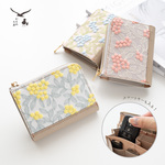 スマートキー in L字ファスナー 縦型じゃばら式 ウォレット 【 ぷっくりミモザ × シュリンクレザー 】 刺繍 本革 キーケース HW77K