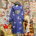 【訳あり】藍染浴衣リメイク ワンピース ドレス 和洋折衷 レトロ 古布 ハンドメイド 愛らしい千鳥が舞う、和の趣あふれる一着 W-766