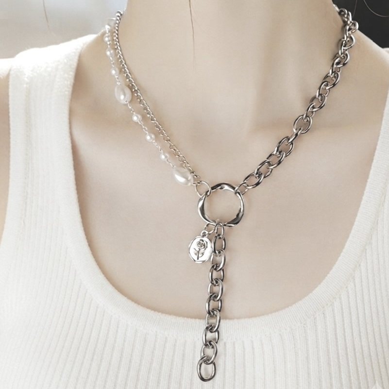 Pearl ×Hard chain】 アシンメトリーネックレス｜Y字 シルバー ローズ