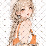 オリジナルステッカー　オレンジ系　キュートベレー帽の女の子　コラージュ素材　6種類6枚セット