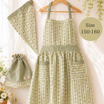🌿グリーンの小花柄キッズエプロン3点セット＊150〜160サイズ＊三角巾・巾着付き　きみどり