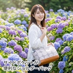 サイドポケットが便利な ショルダーバッグ 長さ調節可能 紫陽花グレージュ×合皮レザー