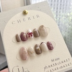 淡色 ニュアンスネイル ネイルチップ リボン ぷっくり オーロラ テラコッタ フレーク ピンク ブラウン フレンチ お花 【cherry】 no.33