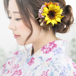 ひまわりとコットンリボンのヘアクリップ ＆コサージュ　向日葵　おでかけ　ヒマワリ　ヘアクリップ　リボン　黄色　髪飾り