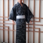 浴衣・帯セット【Ken, ケン, 1/6 ドール服 着物】（黒地・風景柄）