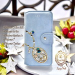 【iPhone5/5s SE】【iPhone6/6s】ムーンスター☆お月様ネックレス風☆ブルーグレー大人可愛いスエード手帳型ケース