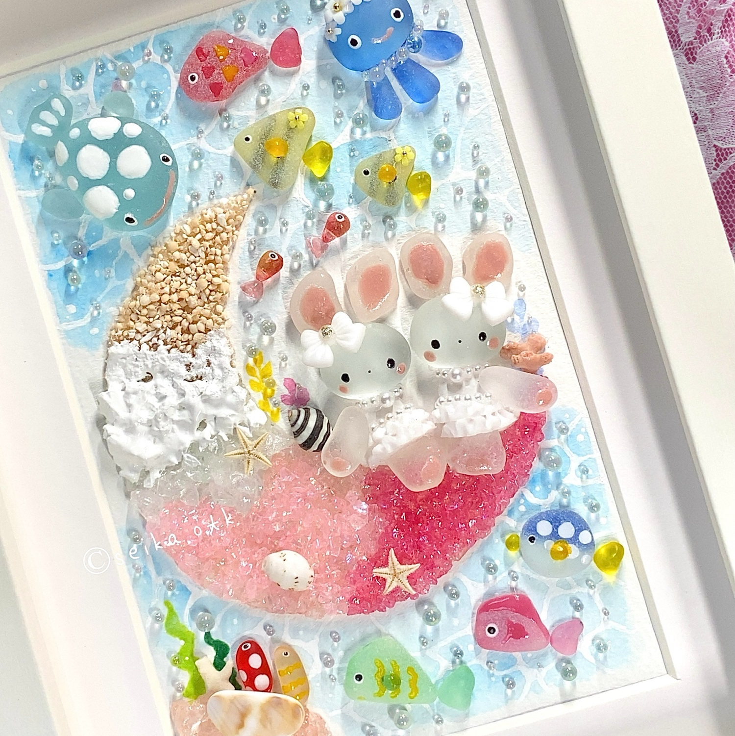 海のお月様 ピンクムーン うさぎ姉妹 インテリア アクアリウム 置物