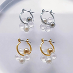 特集掲載💎ガラスとパールのフラワーリング メタルmix フープ ピアス 2way チタンピアス サージカルステンレス ピアス イヤリング ゴールド シルバー 金属アレルギー対応 球体 揺れる ピアス 