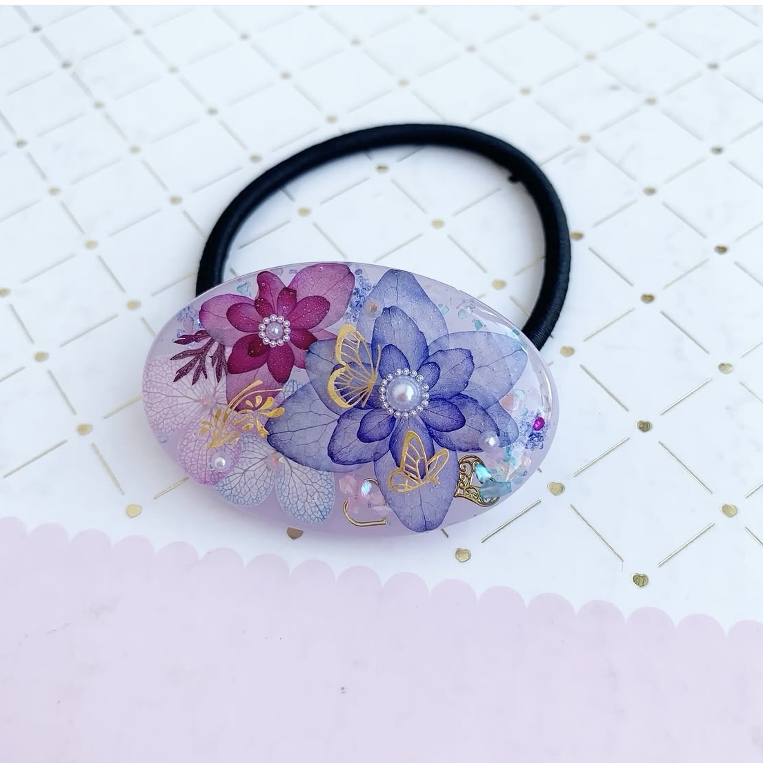4449】レジンヘアゴム 青紫と赤紫のあじさい オーバル型 ヘア