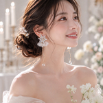 クリスタルビジュー×花びらイヤリング／揺れるロングデザイン・結婚式 ブライダル 花嫁 ウェディング 前撮り ハンドメイドアクセサリー