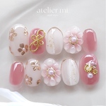 お着物に♡くすみピンク×ゴールドのフラワーニュアンスネイル*成人式 卒業式 和装　浴衣　ネイルチップ　ウェディング　ブライダルネイル　赤　花　振袖　水引き　袴