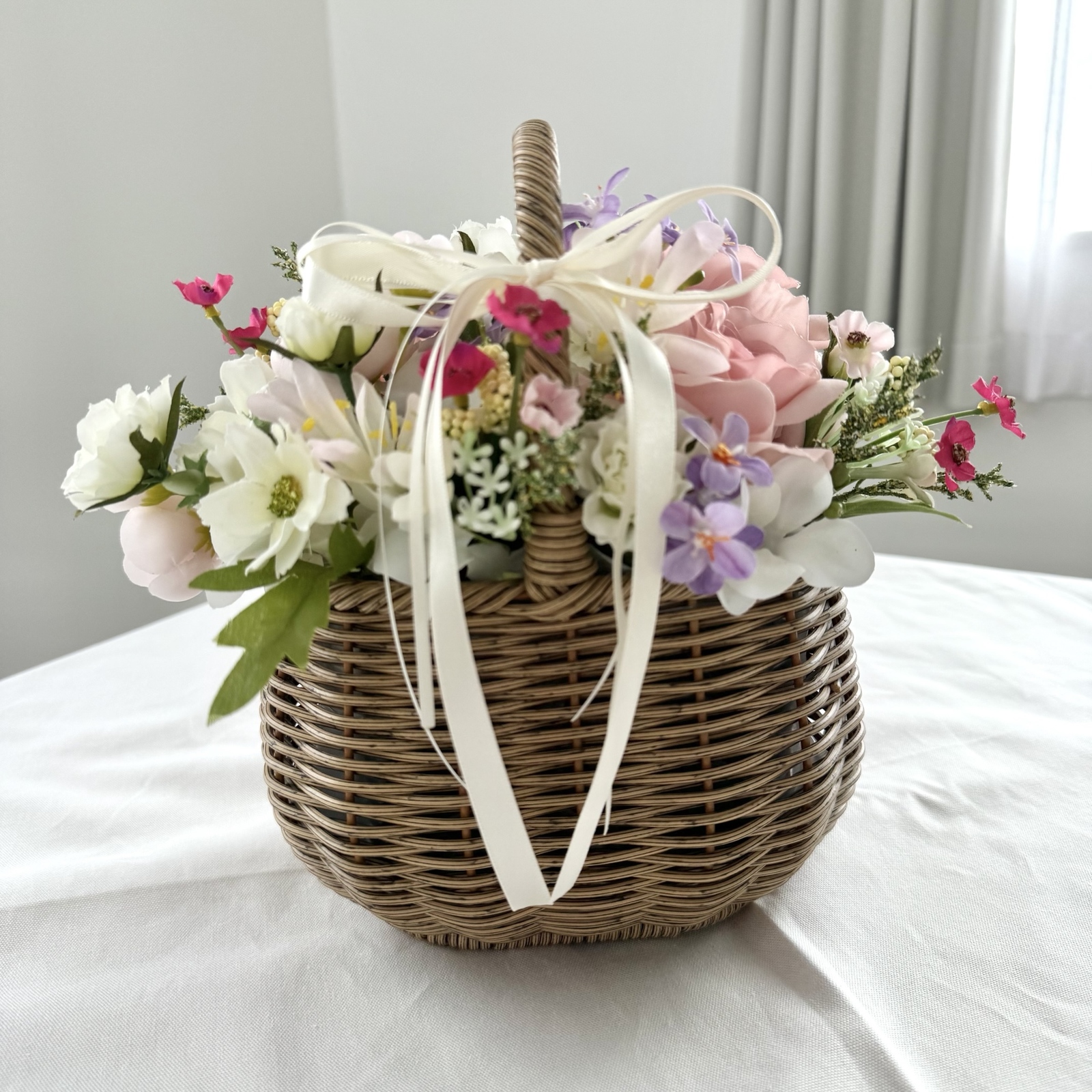 【造花のバスケットフラワー】ピンク×パープル｜両親贈呈品・ブーケ・インテリア・ギフト