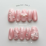 【No.46】𝐫𝐢𝐛𝐛𝐨𝐧×𝐫𝐚𝐜𝐞🎀˙⟡ うるうる ネイルチップ 透明感 ウェディング マグネット リボン ドット 大人 ガーリー ワンホン つけ爪 パール 成人式 振袖 結婚式 レース ピンク 冬