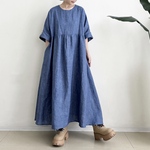 ゆったりオーバーサイズのワンピース　* Linen 素材 デニムカラー  *　7分袖