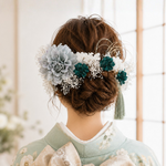 髪飾り　くすみブルーグリーンのダリアと紫陽花の髪かざりNoKG11　成人式　卒業式　結婚式　成人式髪飾り　卒業式髪飾り　結婚式髪飾り　ヘアアクセサリー　髪かざり　おしゃれ　可愛い　振袖　着物　和装