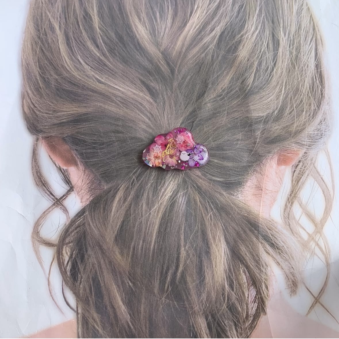 26可憐な♡レジンヘアゴム ミスティパープル マトリカリア ホワイト 蝶