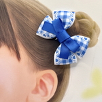 （ブルー）ハートとチェックのレース風リボンヘアゴム２個セット