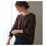 ふわふわ厚みが2倍！厚手ダブルガーゼブラウス／シャーリング袖のシンプルなブラウス／ふっくらダブルガーゼ／ブラウン