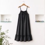 コットンキャミソールナチュラルワンピース裾ギャザー黒　　cotton camisole dress