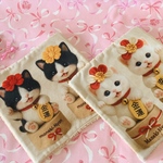 試作価格）金運＆幸運小判を持った猫ちゃんミニタオルハンカチ/パネル柄＆ふわとろミニタオル