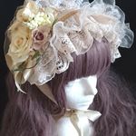 ボリュームレースヘッドドレス（オフ×ソフトベージュ・薔薇柄ジャガード）