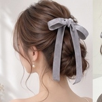 グレー / フック付 ワイド ベロアリボン ポニーフック  ヘアアクセサリー 結婚式 ヘアリボン