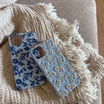【iPhone専用】ブルー刺繍フラワー　ストライプ&ギンガムチェック　iPhoneケース