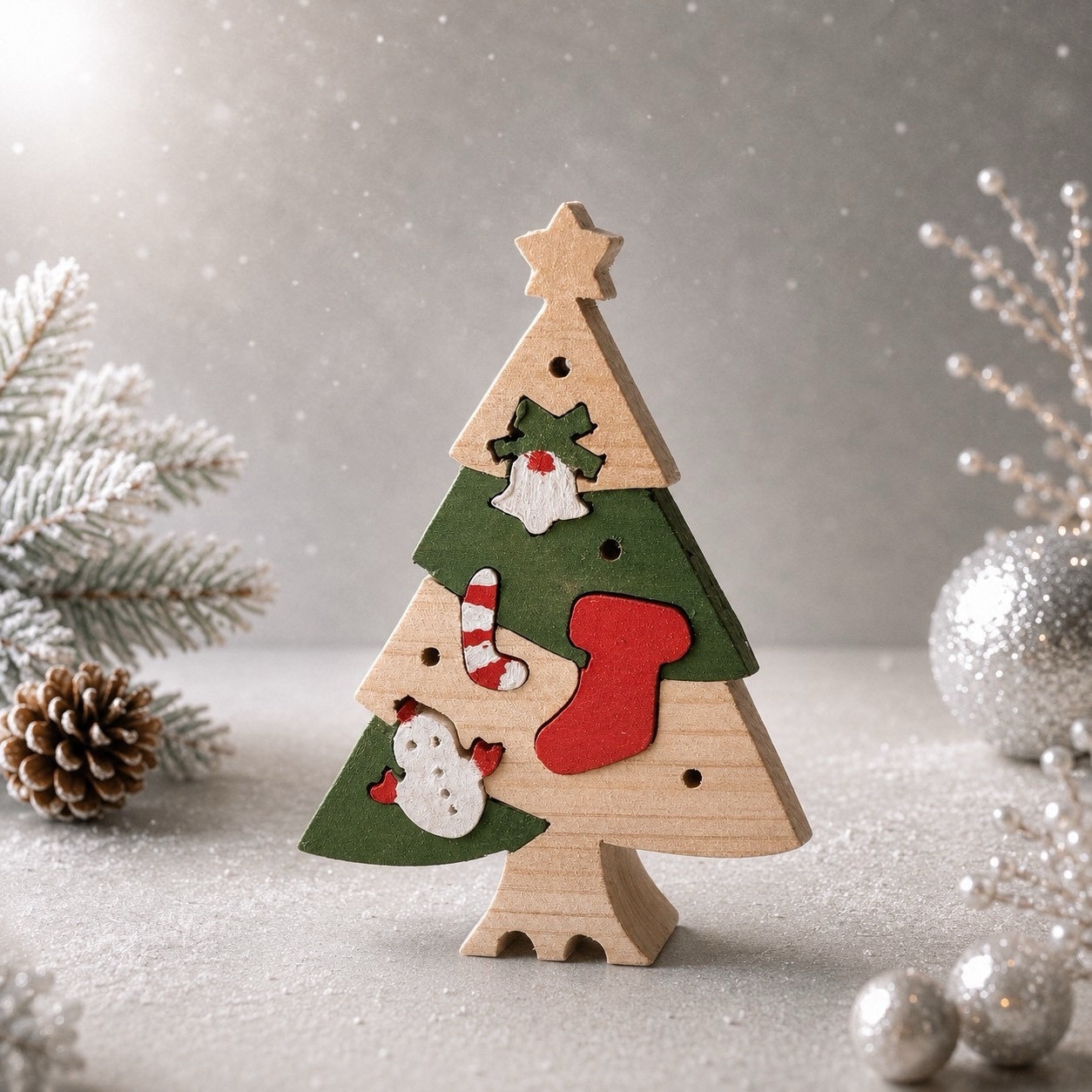 クリスマスツリーとサンタクロースの組み木セット｜木製クリスマス飾り