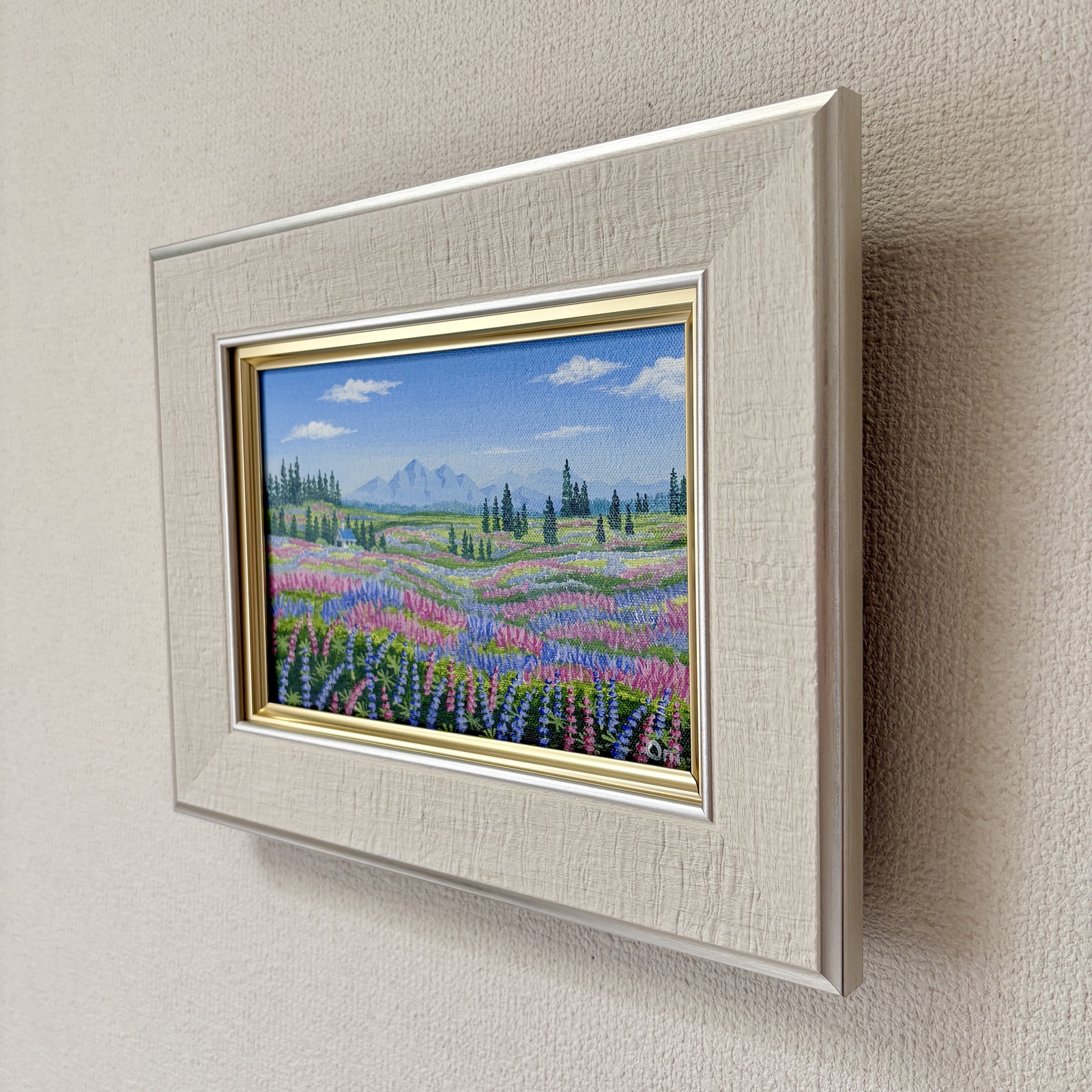 アクリル画 水彩画 原画 「ルピナスの咲く草原02」 額縁付き SMサイズ