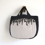 モノトーン　リネン＆ゆらゆらトーション　サークル刺繍まち　ぷっくり　トートBAG　♪　リネン　黒