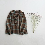 【受注制作】マドラスチェックフリルブラウス　Brown
