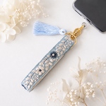 【新作】スマホストラップ　インド刺繍リボン　ハンドストラップ　携帯ストラップ　ショート　手首　タッセル　ギフト　プレゼント　インド刺繍　青　ブルー　　