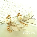 染め花とオーガンジーリボンのハートEarring  or  Pierce