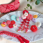 【canana様専用出品】七五三 「紅彩花の祝福」 ぷっくりお花 下がり付き髪飾り & 鞠（和玉 玉飾り） & かのこ ちんころ フルセット 753 3歳サイズ