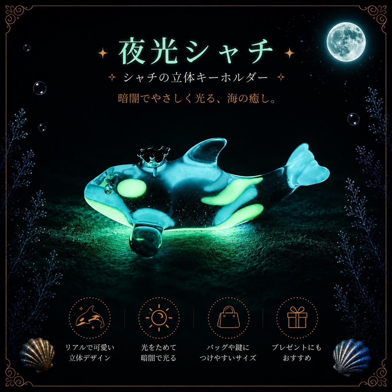 🆕【蓄光】夜光シャチの立体キーホルダー - Handmadeshop Camelia