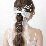 ♥️200【 パール ＆ ホワイト 】ポニーフック  オーガンジーリボン 結婚式 ヘアアクセサリー ヘアリボン 