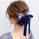 ネイビー / ワイド ベロアリボン の ポニーフック ベルベット 結婚式 ヘアリボン