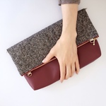 ☆うみ様オーダー商品☆クラッチバッグ風ショルダーポーチ＊ネップツイード×フェイクレザー（ダークレッド）＊マチ有ーC（肩紐付）